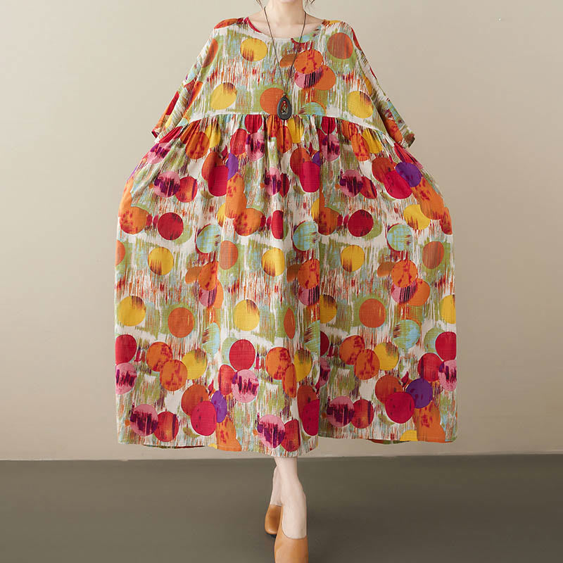 Robe mi-longue à pois colorés orange vert Buddha Stones Robe tunique en coton à manches mi-longues avec poches - image 5