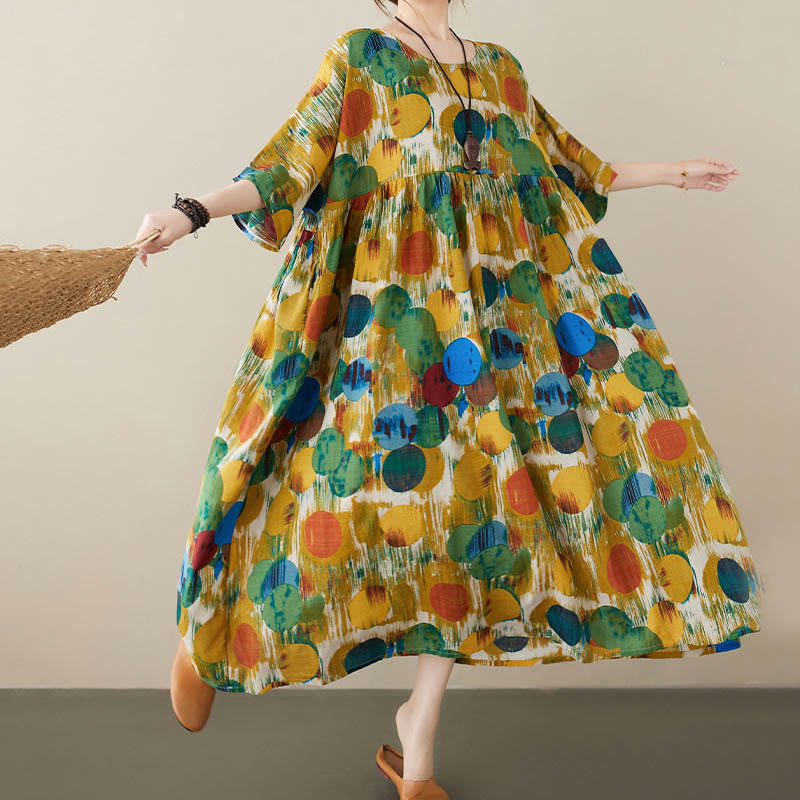 Robe mi-longue à pois colorés orange vert Buddha Stones Robe tunique en coton à manches mi-longues avec poches - image 14