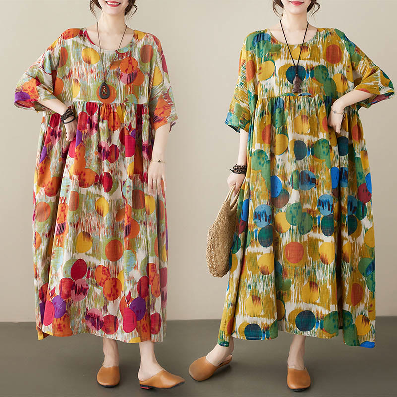 Robe mi-longue à pois colorés orange vert Buddha Stones Robe tunique en coton à manches mi-longues avec poches - image 1