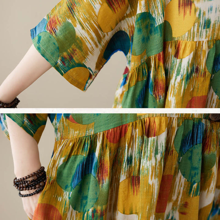 Robe mi-longue à pois colorés orange vert Buddha Stones Robe tunique en coton à manches mi-longues avec poches - image 20