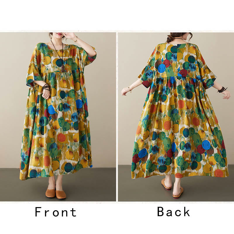 Robe mi-longue à pois colorés orange vert Buddha Stones Robe tunique en coton à manches mi-longues avec poches - image 15