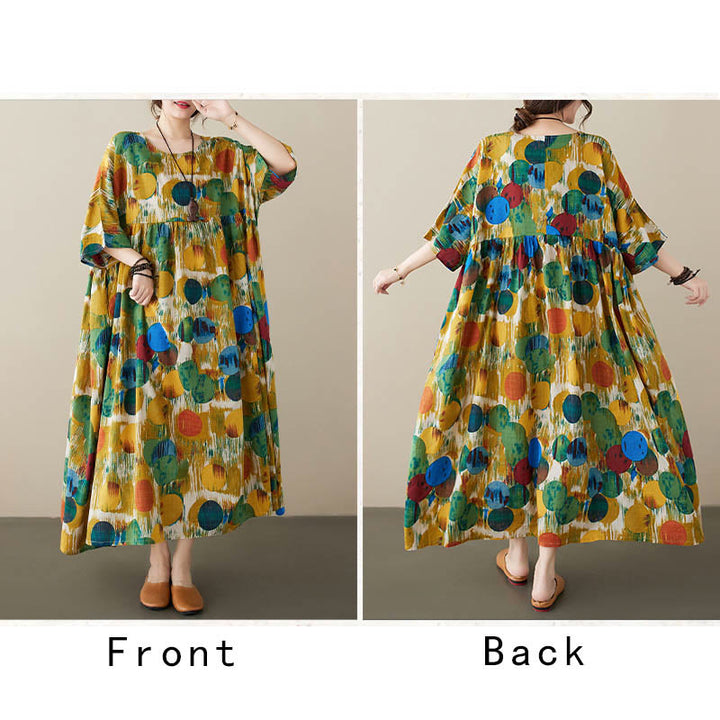 Robe mi-longue à pois colorés orange vert Buddha Stones Robe tunique en coton à manches mi-longues avec poches - image 15