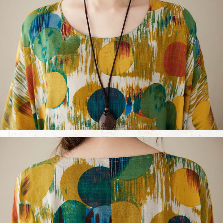 Robe mi-longue à pois colorés orange vert Buddha Stones Robe tunique en coton à manches mi-longues avec poches - image 19