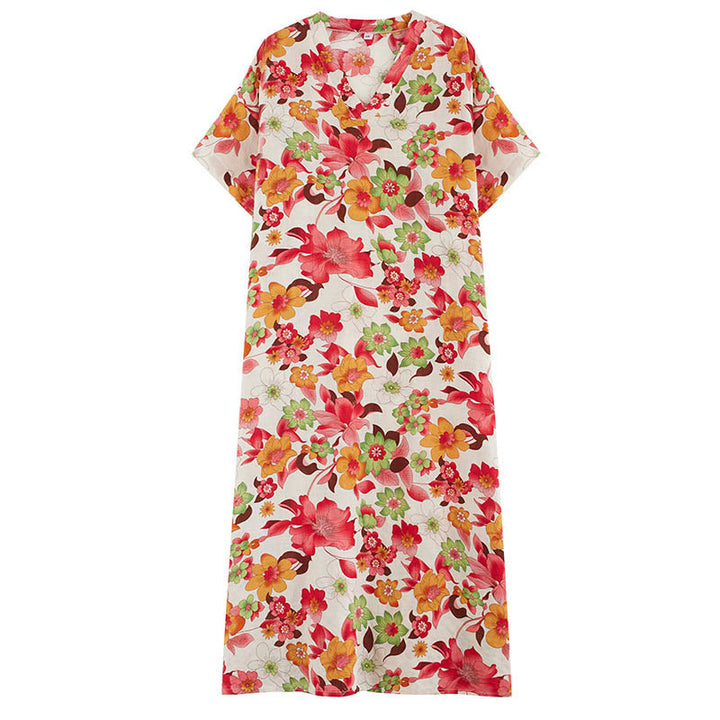 Robe mi-longue en coton à manches mi-longues et poches avec Buddha Stones et fleurs rouges, bleues et vertes
