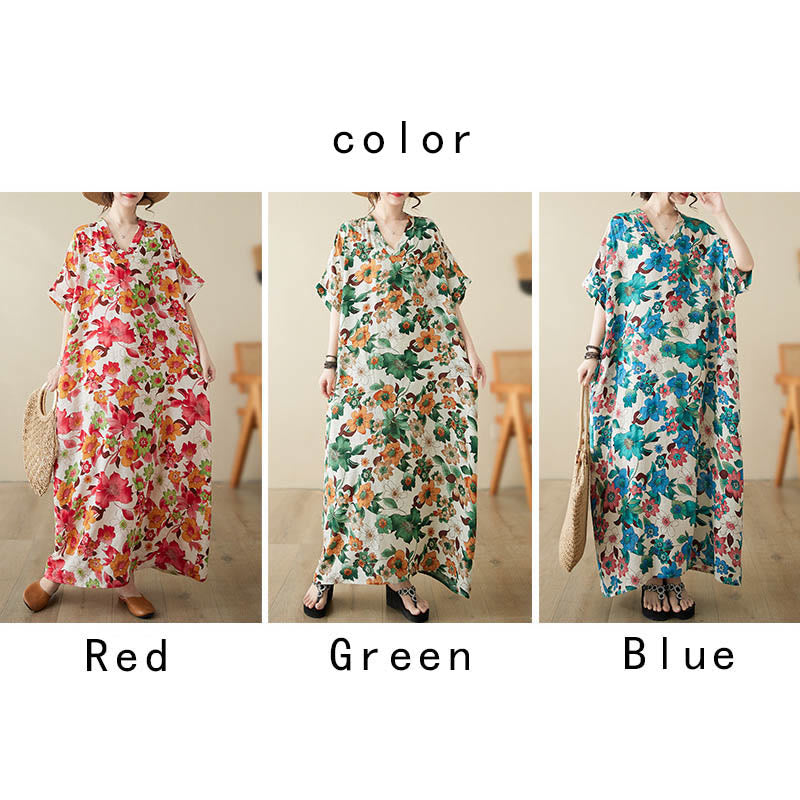 Robe mi-longue en coton à manches mi-longues et poches avec Buddha Stones et fleurs rouges, bleues et vertes