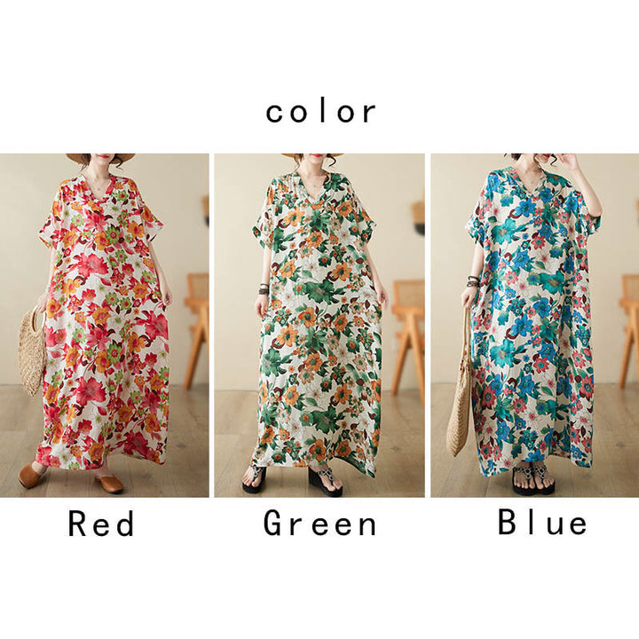 Robe mi-longue en coton à manches mi-longues et poches avec Buddha Stones et fleurs rouges, bleues et vertes