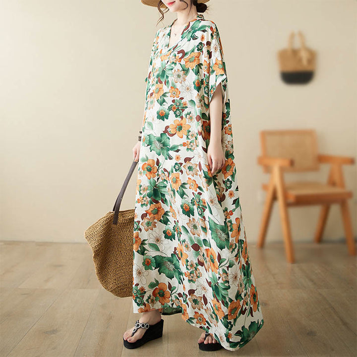 Robe mi-longue en coton à manches mi-longues et poches avec Buddha Stones et fleurs rouges, bleues et vertes