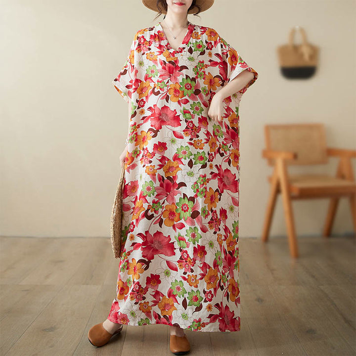 Robe mi-longue en coton à manches mi-longues et poches avec Buddha Stones et fleurs rouges, bleues et vertes