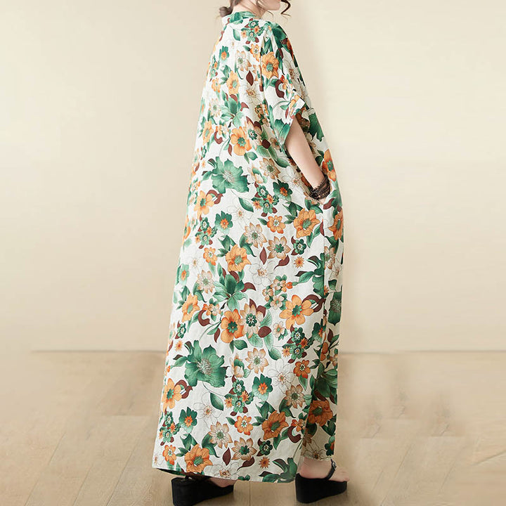 Robe mi-longue en coton à manches mi-longues et poches avec Buddha Stones et fleurs rouges, bleues et vertes