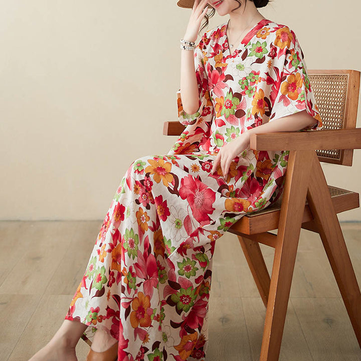 Robe mi-longue en coton à manches mi-longues et poches avec Buddha Stones et fleurs rouges, bleues et vertes