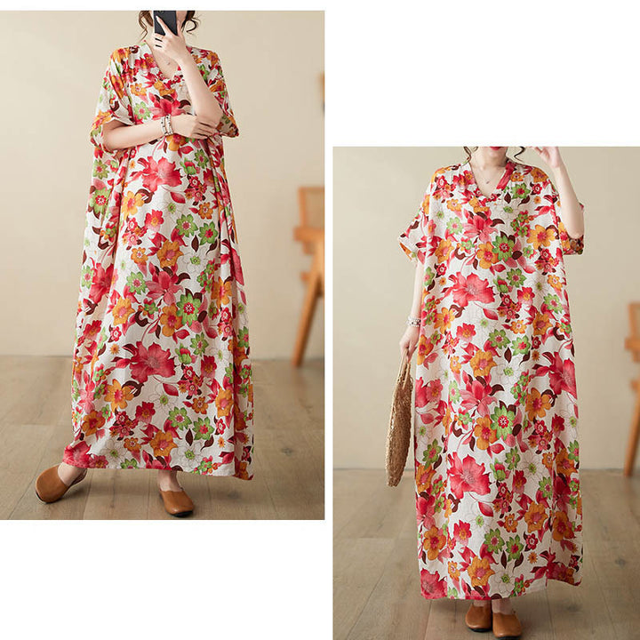 Robe mi-longue en coton à manches mi-longues et poches avec Buddha Stones et fleurs rouges, bleues et vertes