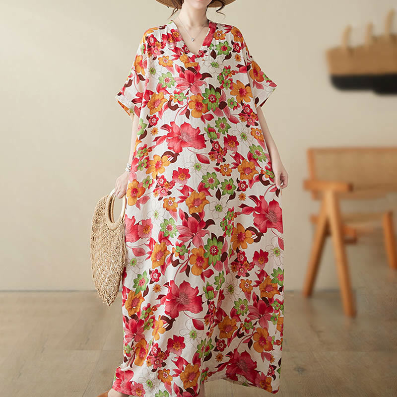 Robe mi-longue en coton à manches mi-longues et poches avec Buddha Stones et fleurs rouges, bleues et vertes