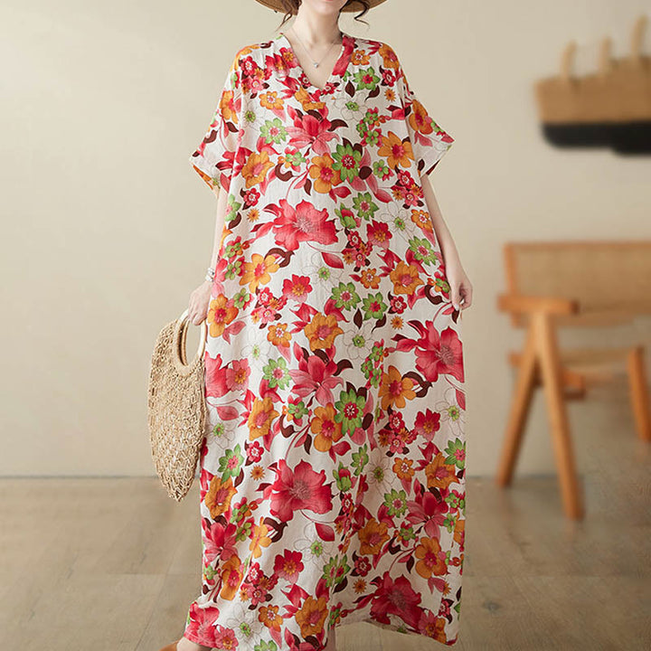 Robe mi-longue en coton à manches mi-longues et poches avec Buddha Stones et fleurs rouges, bleues et vertes