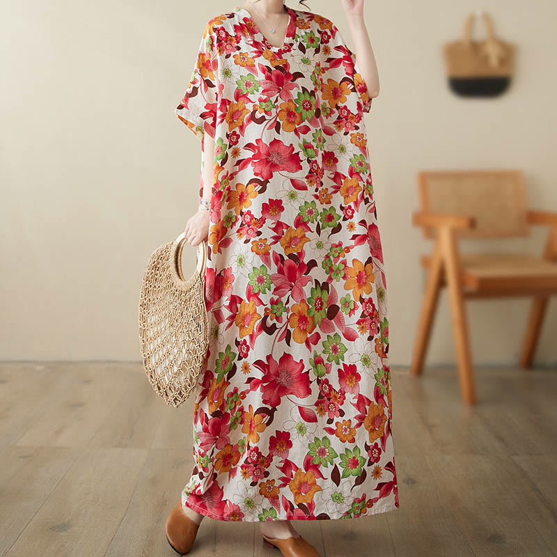 Robe mi-longue en coton à manches mi-longues et poches avec Buddha Stones et fleurs rouges, bleues et vertes