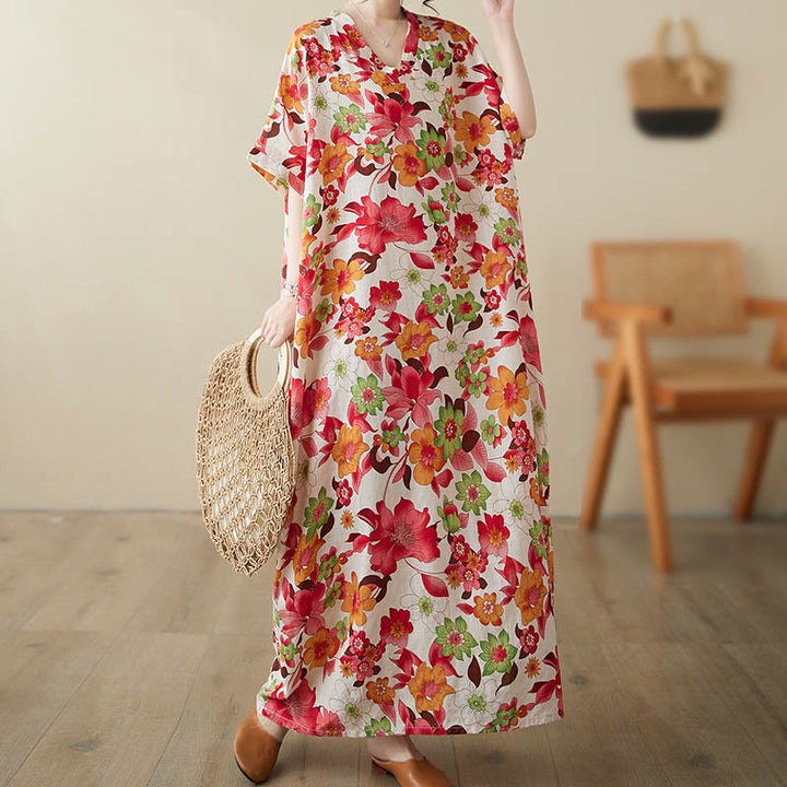 Robe mi-longue en coton à manches mi-longues et poches avec Buddha Stones et fleurs rouges, bleues et vertes