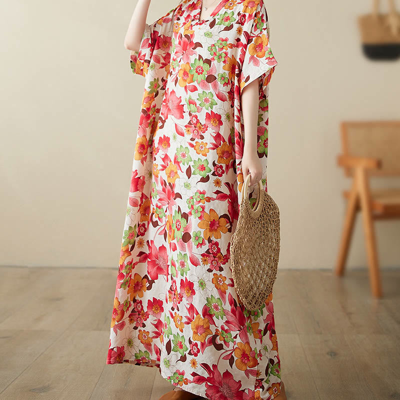 Robe mi-longue en coton à manches mi-longues et poches avec Buddha Stones et fleurs rouges, bleues et vertes