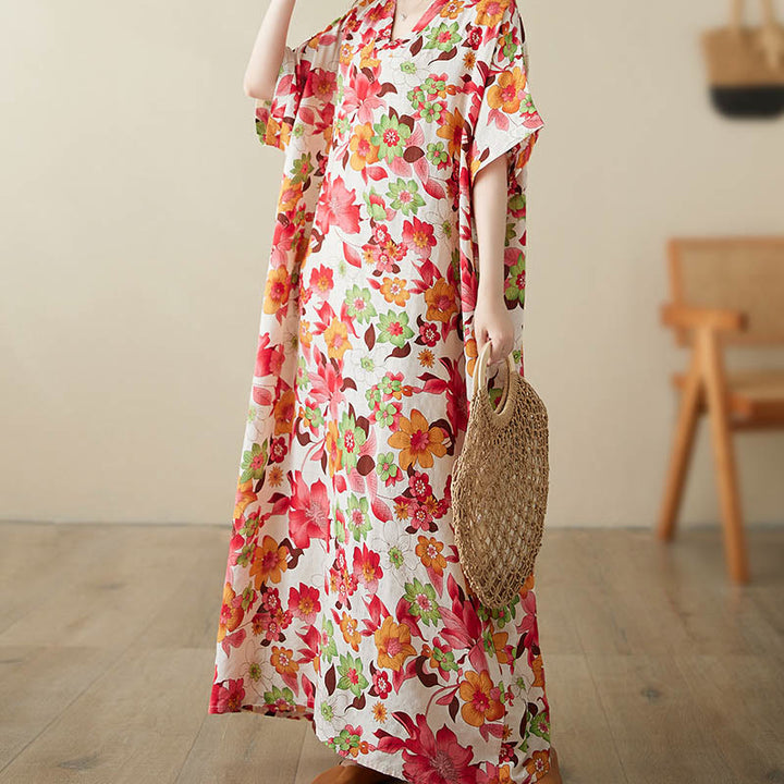 Robe mi-longue en coton à manches mi-longues et poches avec Buddha Stones et fleurs rouges, bleues et vertes