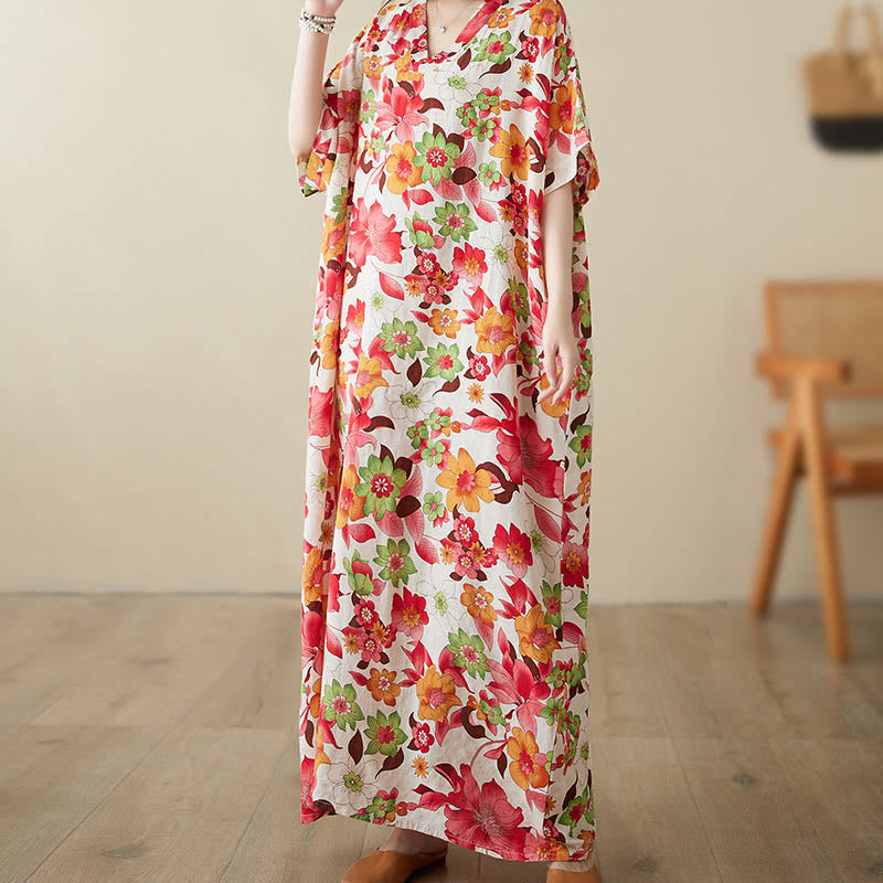 Robe mi-longue en coton à manches mi-longues et poches avec Buddha Stones et fleurs rouges, bleues et vertes