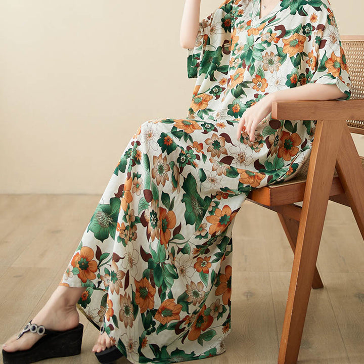 Robe mi-longue en coton à manches mi-longues et poches avec Buddha Stones et fleurs rouges, bleues et vertes