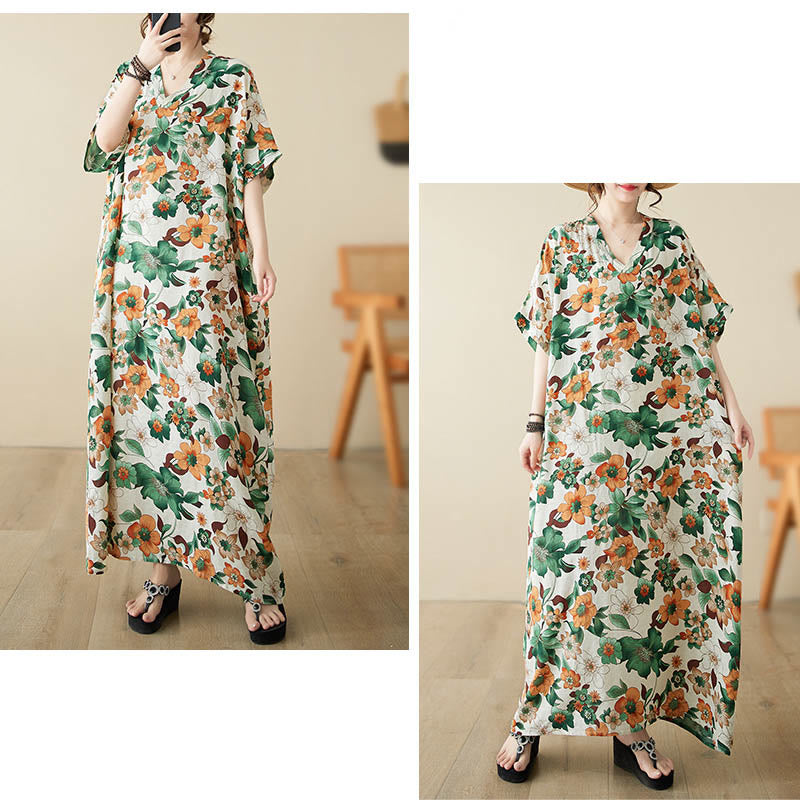 Robe mi-longue en coton à manches mi-longues et poches avec Buddha Stones et fleurs rouges, bleues et vertes
