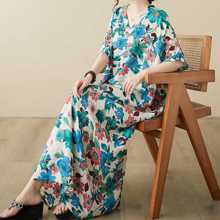 Robe mi-longue en coton à manches mi-longues et poches avec Buddha Stones et fleurs rouges, bleues et vertes