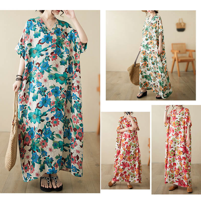 Robe mi-longue en coton à manches mi-longues et poches avec Buddha Stones et fleurs rouges, bleues et vertes