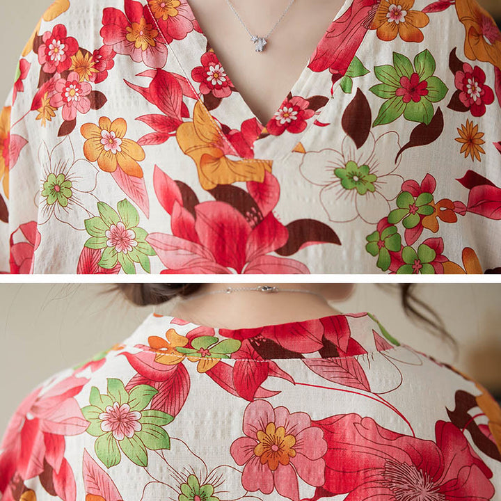 Robe mi-longue en coton à manches mi-longues et poches avec Buddha Stones et fleurs rouges, bleues et vertes