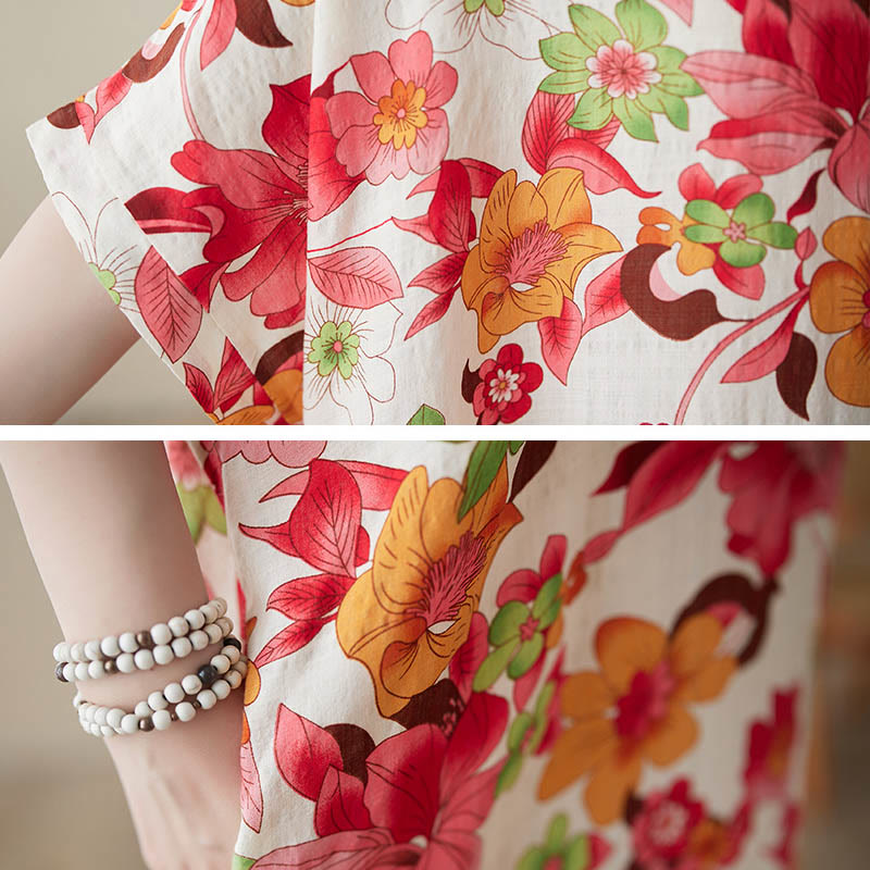 Robe mi-longue en coton à manches mi-longues et poches avec Buddha Stones et fleurs rouges, bleues et vertes