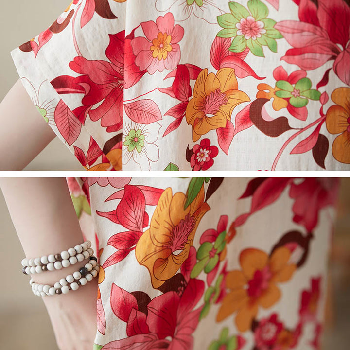 Robe mi-longue en coton à manches mi-longues et poches avec Buddha Stones et fleurs rouges, bleues et vertes