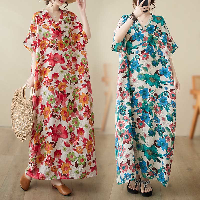 Robe mi-longue en coton à manches mi-longues et poches avec Buddha Stones et fleurs rouges, bleues et vertes