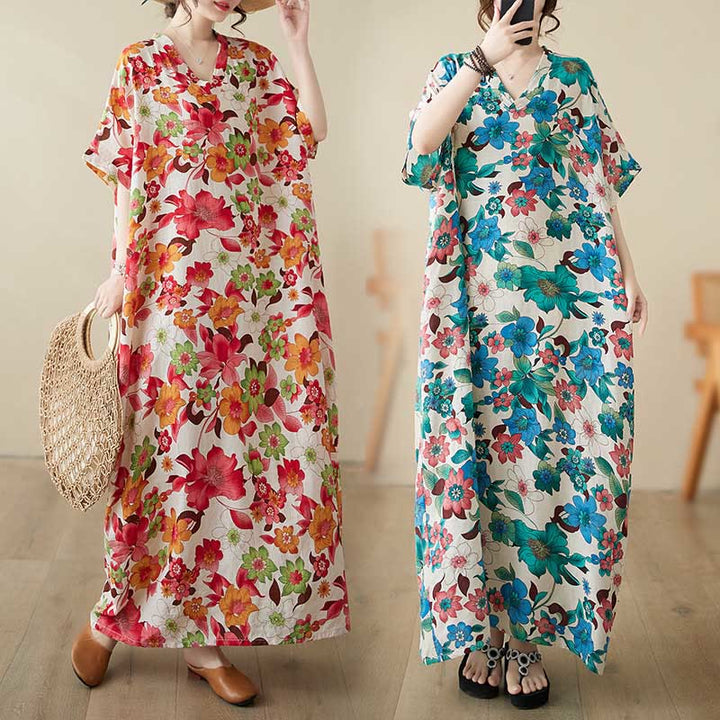 Robe mi-longue en coton à manches mi-longues et poches avec Buddha Stones et fleurs rouges, bleues et vertes