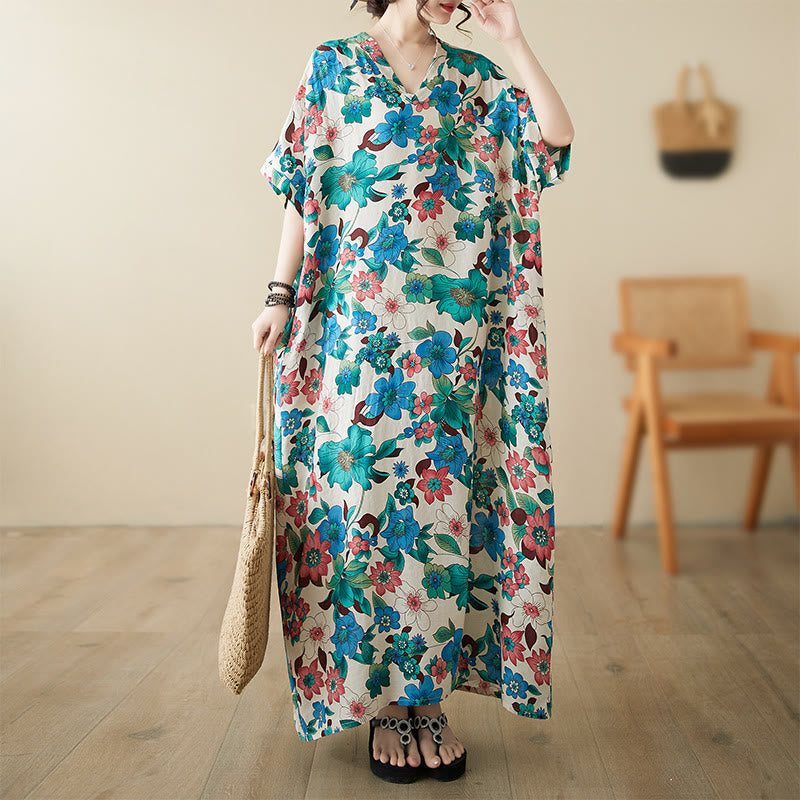 Robe mi-longue en coton à manches mi-longues et poches avec Buddha Stones et fleurs rouges, bleues et vertes