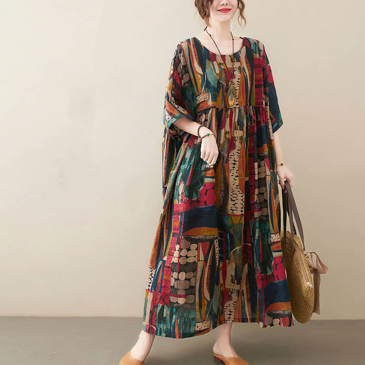 Robe tunique mi-longue en coton à manches mi-longues et poches avec motifs colorés de Buddha Stones - image 1