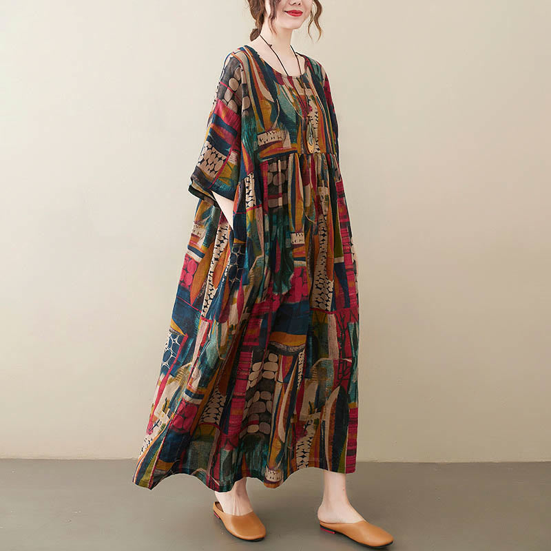 Robe tunique mi-longue en coton à manches mi-longues et poches avec motifs colorés de Buddha Stones - Couleur (robe uniquement) (Tour de poitrine 142 cm / Ourlet 130 cm / Longueur 120 cm) - image 0