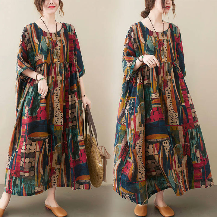 Robe tunique mi-longue en coton à manches mi-longues et poches avec motifs colorés de Buddha Stones - image 6