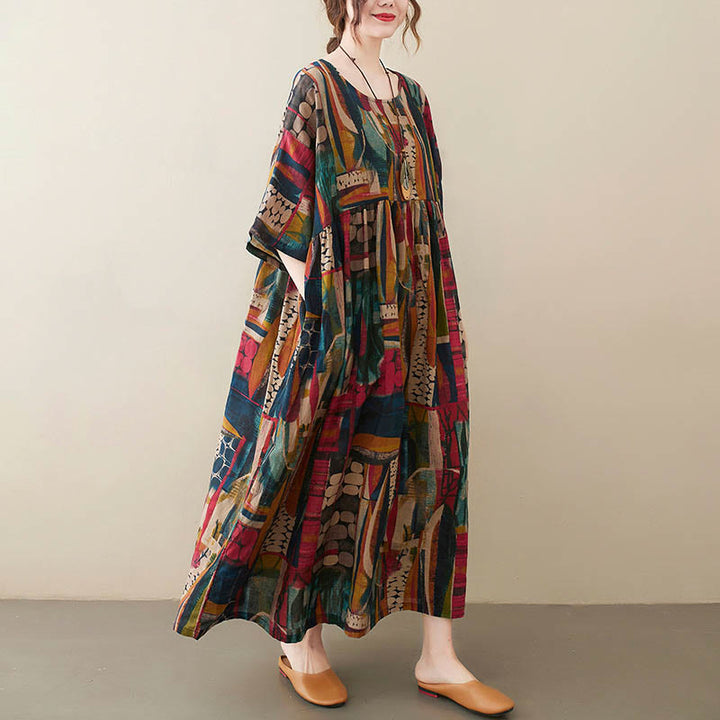 Robe tunique mi-longue en coton à manches mi-longues et poches avec motifs colorés de Buddha Stones - Couleur (robe uniquement) (buste 142 cm / ourlet 130 cm / longueur 120 cm) - image 0