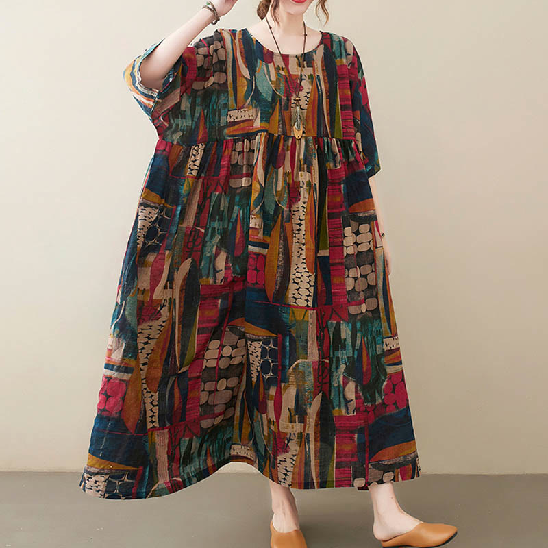 Robe tunique mi-longue en coton à manches mi-longues et poches avec motifs colorés de Buddha Stones - image 8