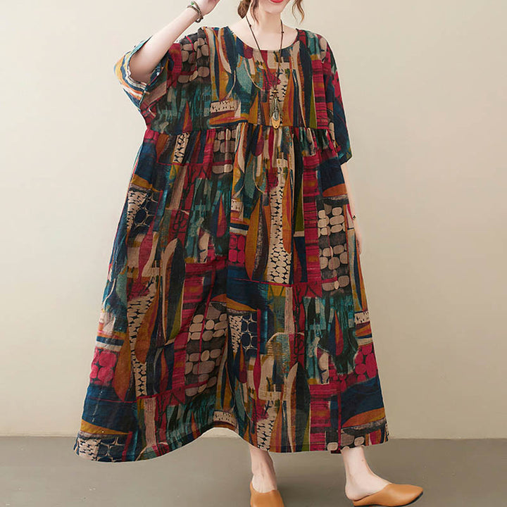 Robe tunique mi-longue en coton à manches mi-longues et poches avec motifs colorés de Buddha Stones - image 8