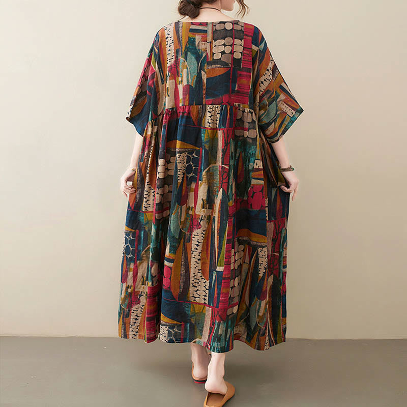 Robe tunique mi-longue en coton à manches mi-longues et poches avec motifs colorés de Buddha Stones - image 4
