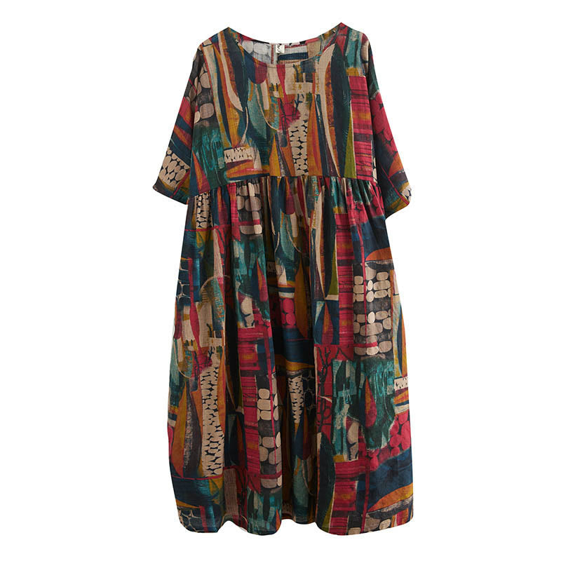 Robe tunique mi-longue en coton à manches mi-longues et poches avec motifs colorés de Buddha Stones - image 13