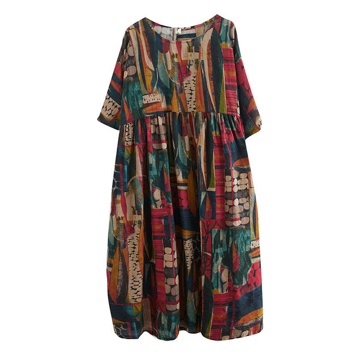 Robe tunique mi-longue en coton à manches mi-longues et poches avec motifs colorés de Buddha Stones - image 13