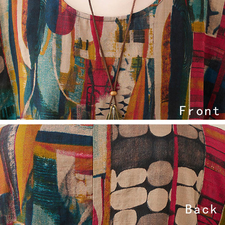 Robe tunique mi-longue en coton à manches mi-longues et poches avec motifs colorés de Buddha Stones - image 9