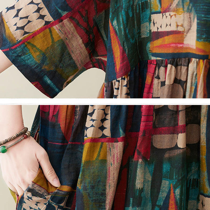 Robe tunique mi-longue en coton à manches mi-longues et poches avec motifs colorés de Buddha Stones - image 10