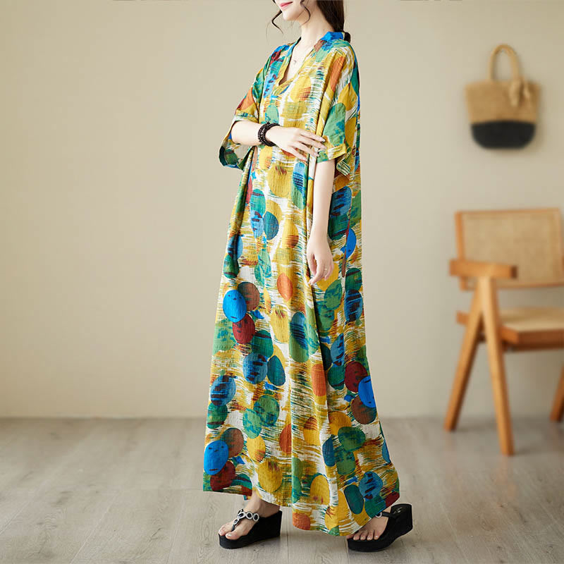 Robe mi-longue à pois colorés orange bleu Buddha Stones en coton à manches mi-longues avec poches - image 1