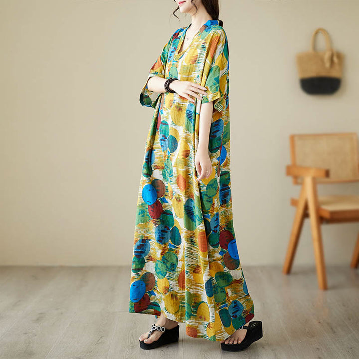 Robe mi-longue à pois colorés orange bleu Buddha Stones en coton à manches mi-longues avec poches - image 1