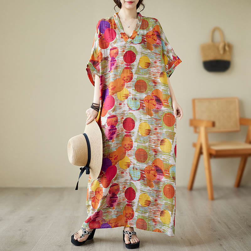 Robe mi-longue à pois colorés orange bleu Buddha Stones en coton à manches mi-longues avec poches - Orange (Robe uniquement) - F (Tour de poitrine 158 cm / Ourlet 158 ​​cm / Longueur 133 cm) - image 9