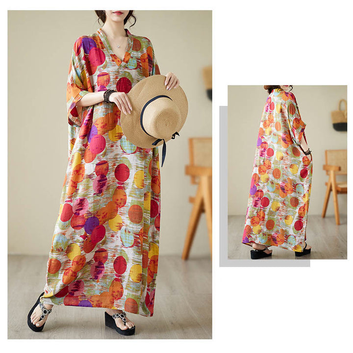Robe mi-longue à pois colorés orange bleu Buddha Stones en coton à manches mi-longues avec poches