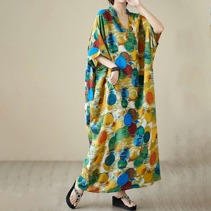 Robe mi-longue à pois colorés orange bleu Buddha Stones en coton à manches mi-longues avec poches - image 3