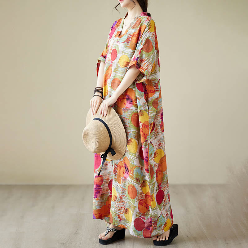 Robe mi-longue à pois colorés orange bleu Buddha Stones en coton à manches mi-longues avec poches - image 11