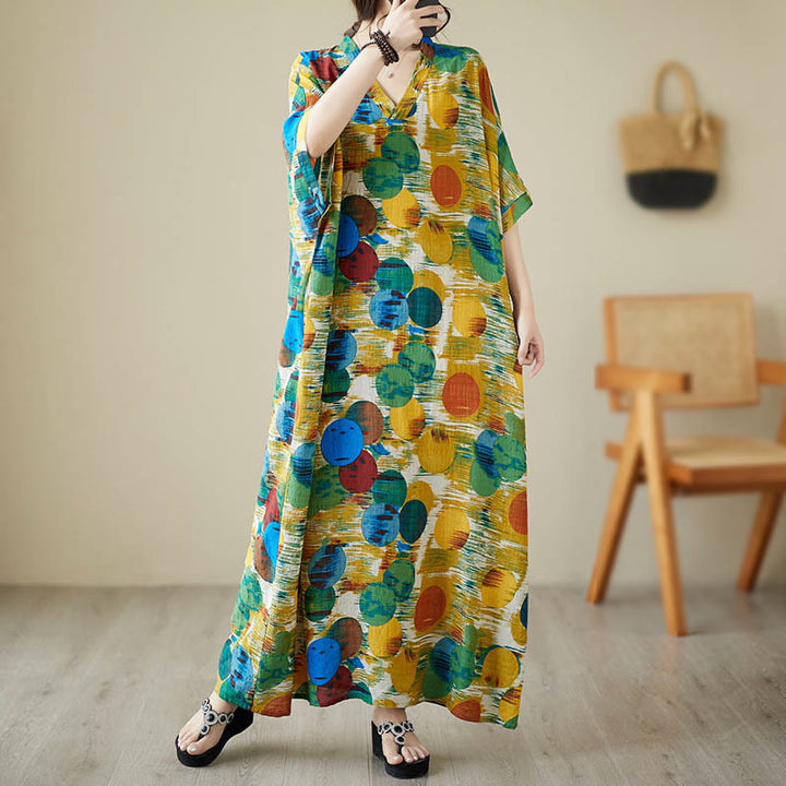 Robe mi-longue à pois colorés orange bleu Buddha Stones en coton à manches mi-longues avec poches